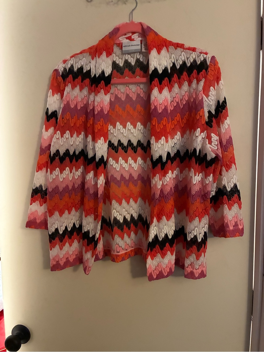 Alfred Dunner Pink Orange Chevron Open-Front Cardigan